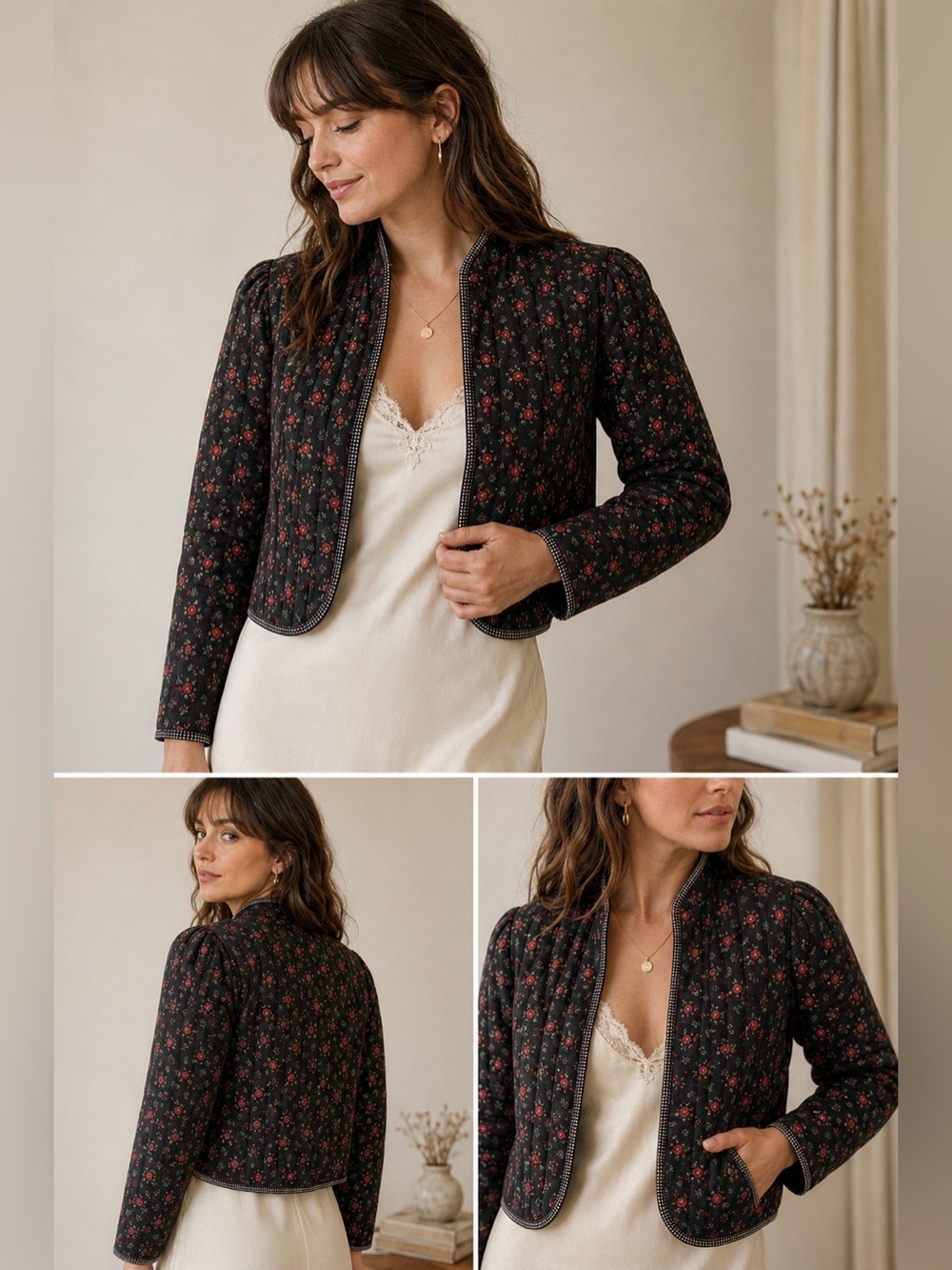 Reloved Upcycled Vintage Quilted Floral Crop Jacket Black Red Cottagecore Boho